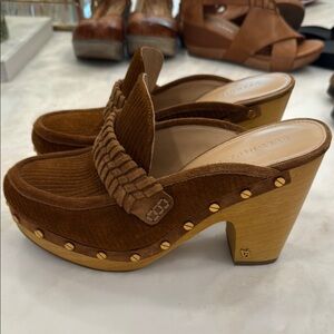 Veronica Beard Delia Brown Suede Mules with Wooden Sole